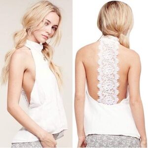 FOR LOVE & LEMONS Justine Lace High Neck Back Panel White Halter Top Tunic